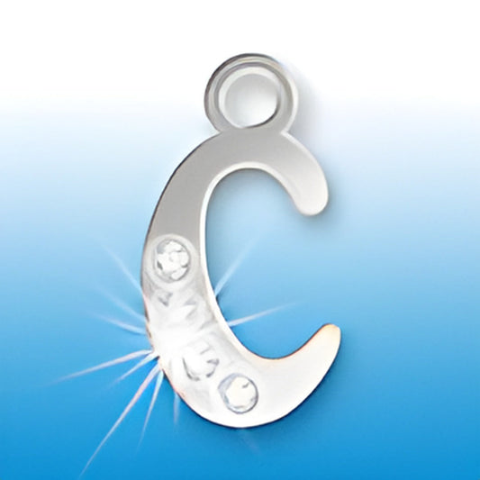 Sterling silver letter C initial charm adorned with crystals, featuring a shiny finish and a loop for attachment.