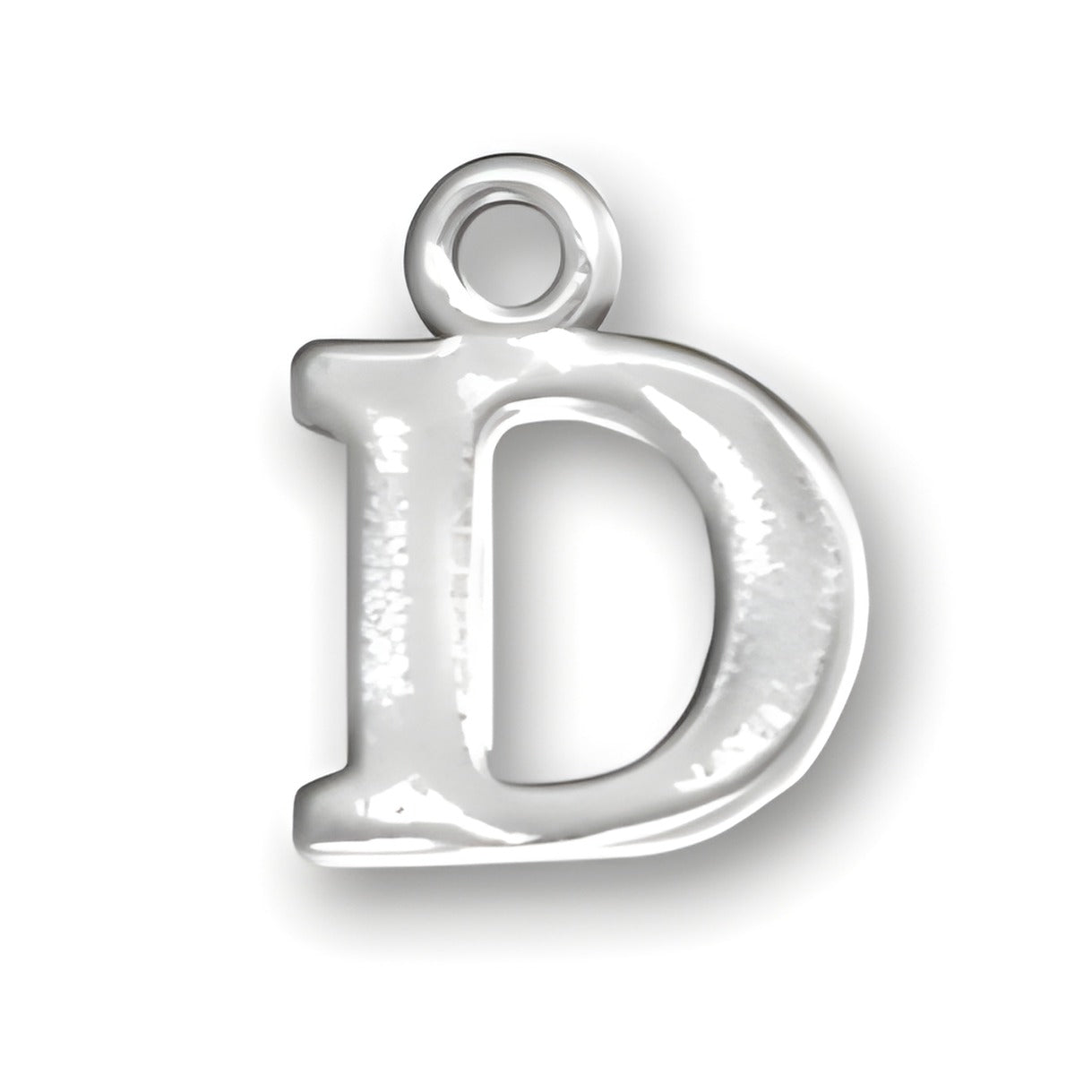 Sterling silver charm featuring the letter D, with a polished finish and a loop for attachment.