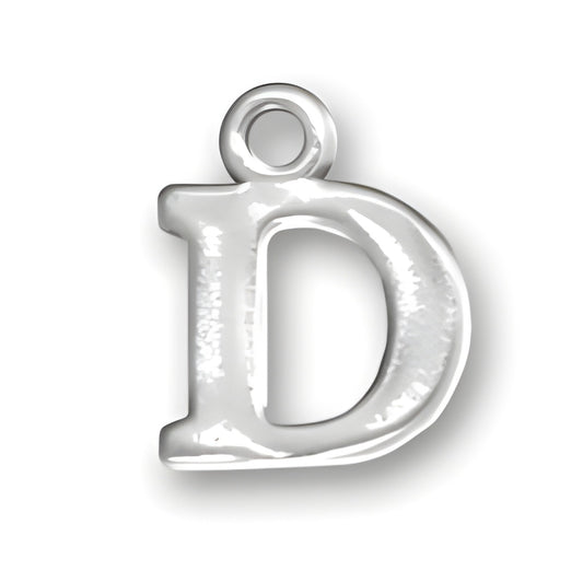 Sterling silver charm featuring the letter D, with a polished finish and a loop for attachment.