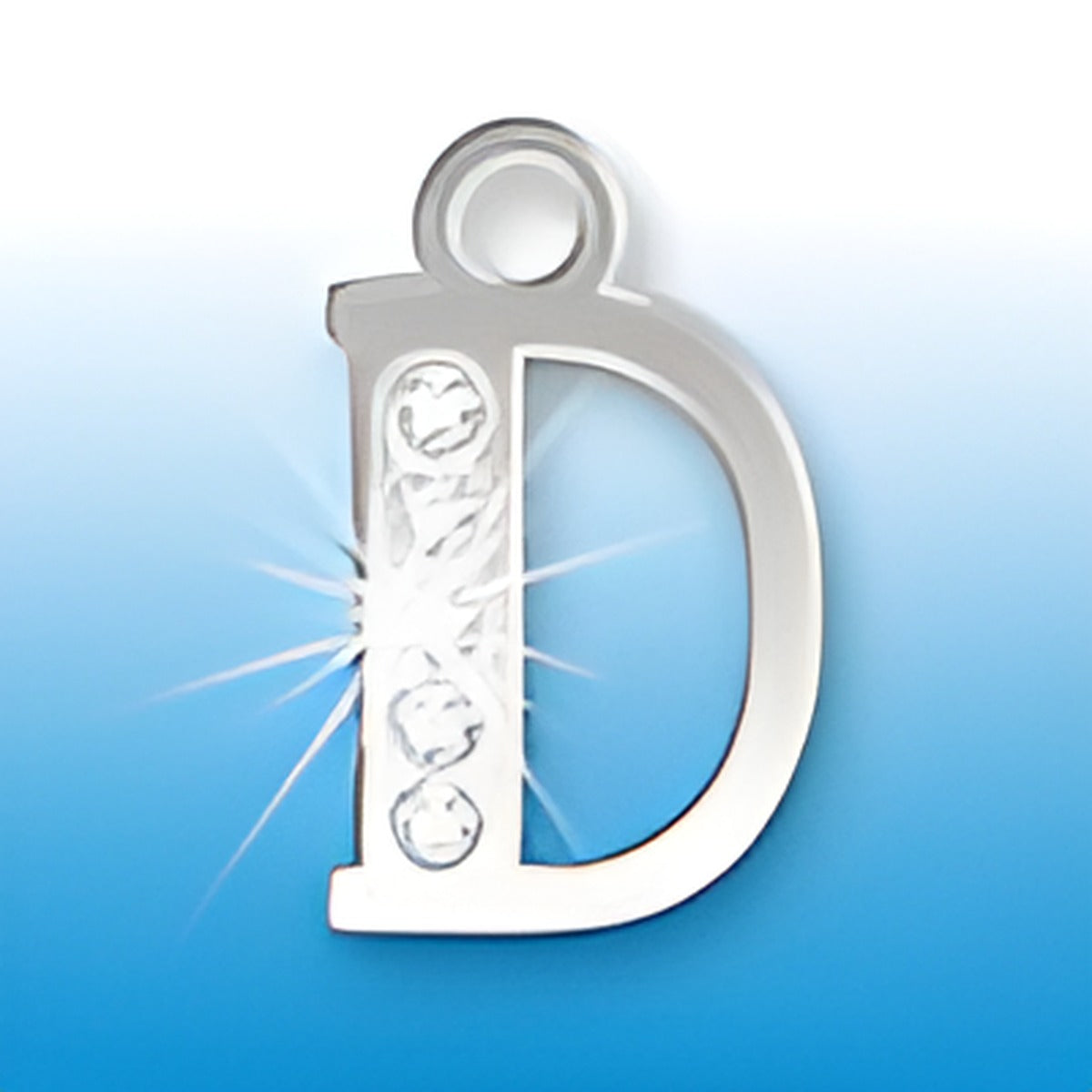 Sterling silver letter D initial charm featuring three embedded crystals, designed by Charm Factory.