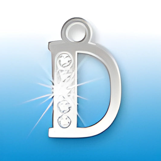 Sterling silver letter D initial charm adorned with crystals, featuring a shiny finish and a loop for attachment.