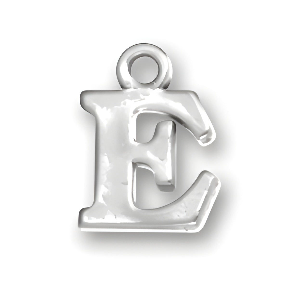 Sterling silver letter E charm, featuring a polished finish and a loop for attachment.