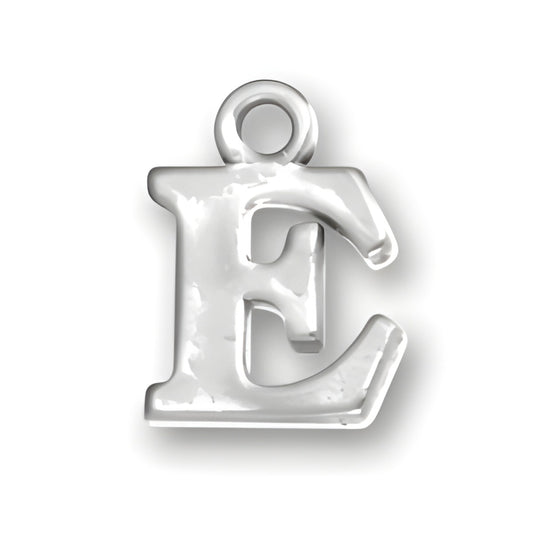 Sterling silver letter E charm, featuring a polished finish and a loop for attachment.