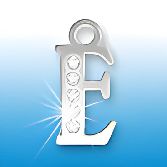 Letter E initial charm with crystals, made of sterling silver, featuring a polished finish and decorative crystal accents.