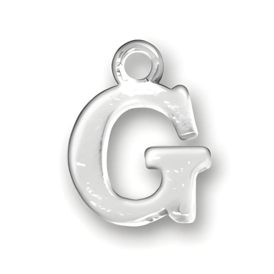 Sterling silver letter G charm, featuring a polished finish and a loop for attachment to jewelry.