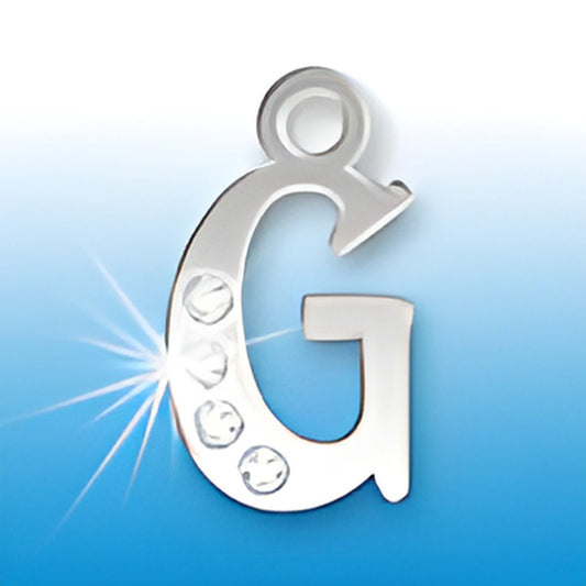 Sterling silver letter G initial charm adorned with crystals, featuring a shiny finish and a loop for attachment.
