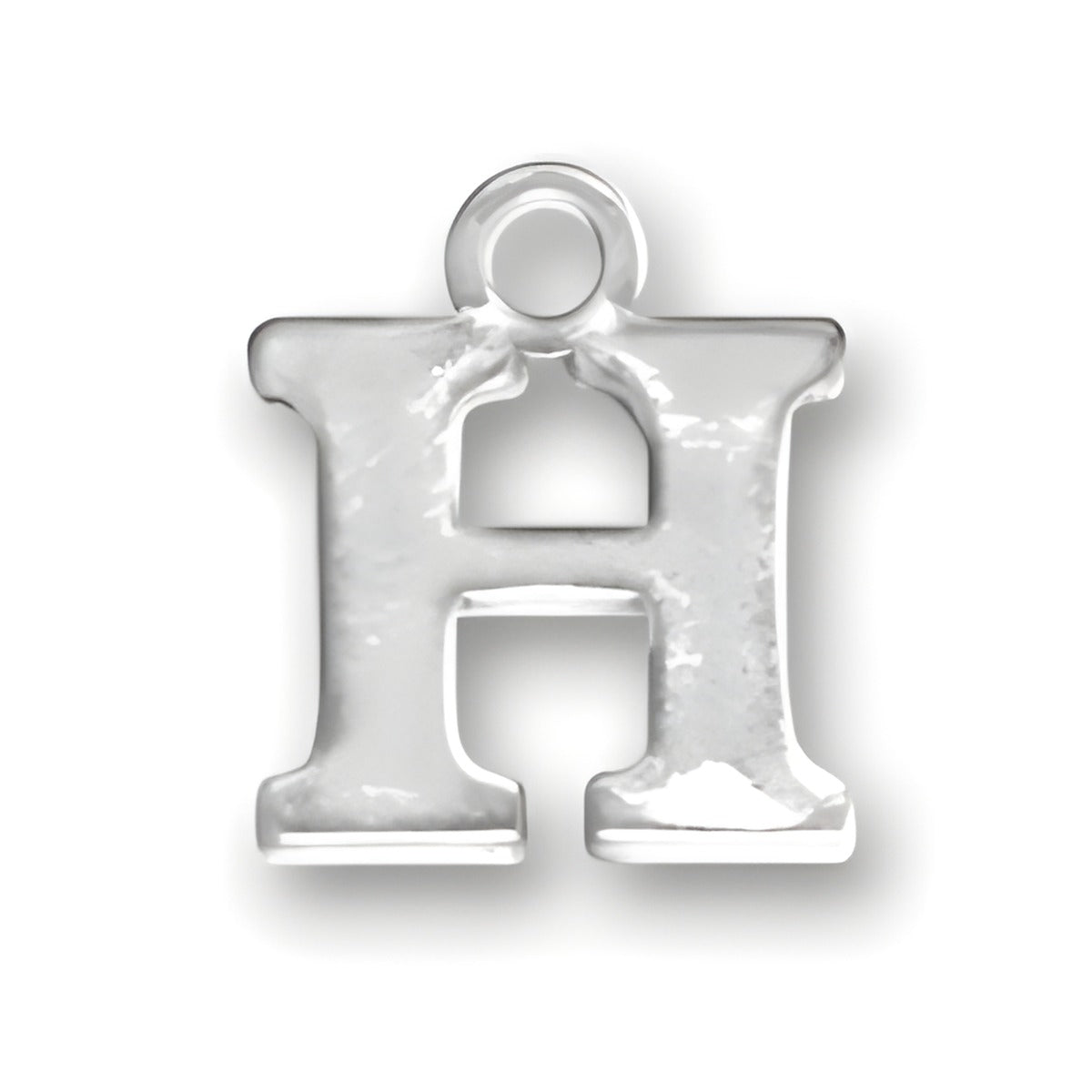 Sterling silver letter H charm, featuring a bold, block design with a polished finish and a loop for attachment.
