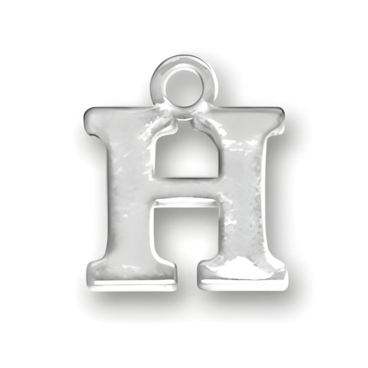 Sterling silver letter H charm, featuring a bold, block design with a polished finish and a loop for attachment.