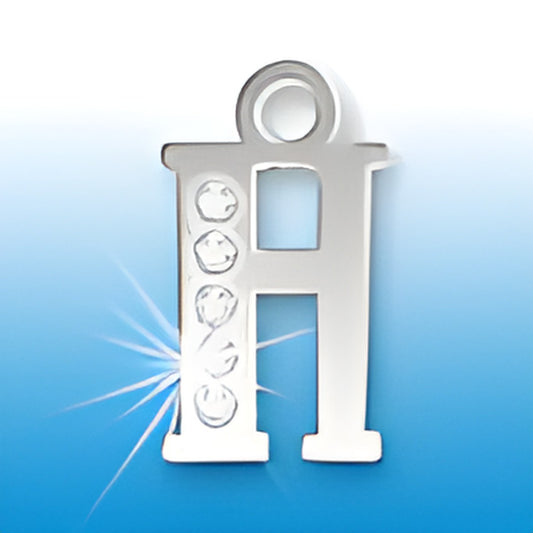 Letter H initial charm with crystals, made of sterling silver, featuring a polished finish and decorative crystal accents.