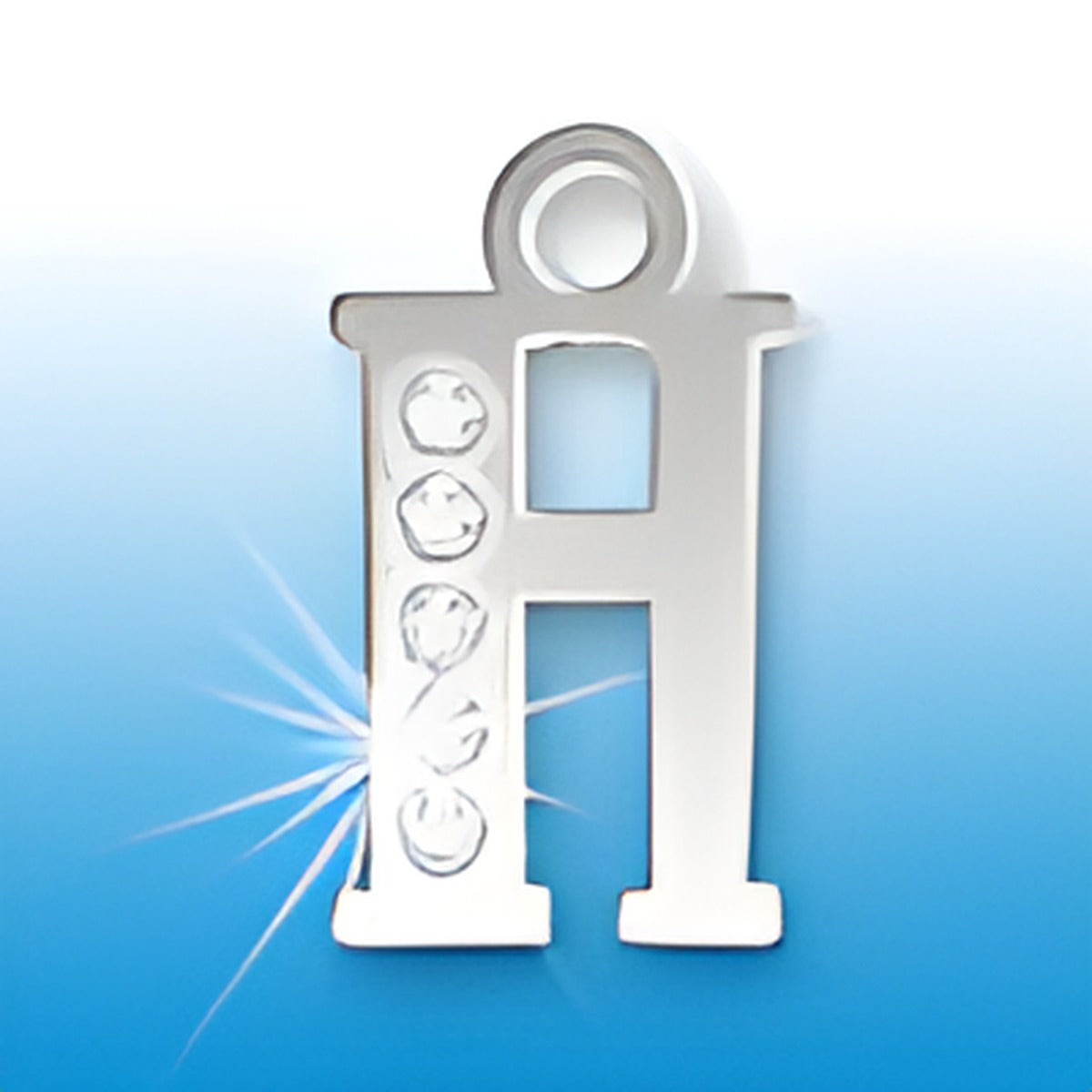 Sterling silver letter H initial charm adorned with crystals, showcasing a polished finish and a loop for attachment.