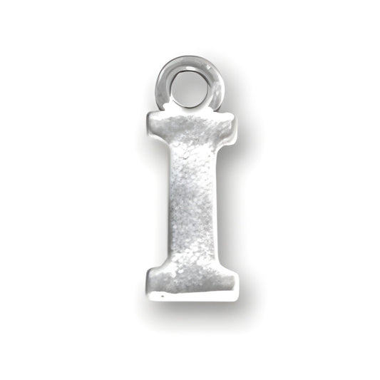 Sterling silver charm in the shape of the letter I, featuring a polished finish and a loop for attachment.
