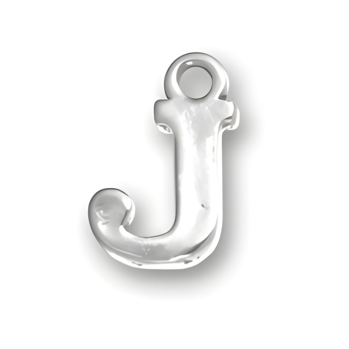Sterling silver letter J charm with a smooth, polished finish and a small loop for attachment.