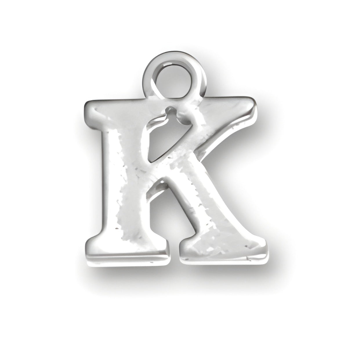 Sterling silver charm in the shape of the letter K, featuring a polished finish and a loop for attachment.