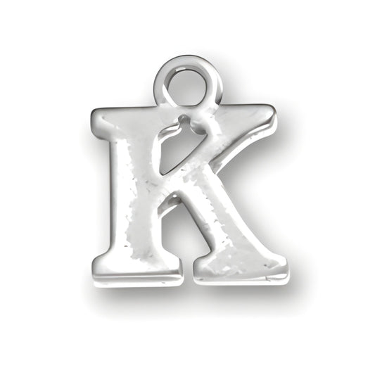 Sterling silver charm in the shape of the letter K, featuring a polished finish and a loop for attachment.