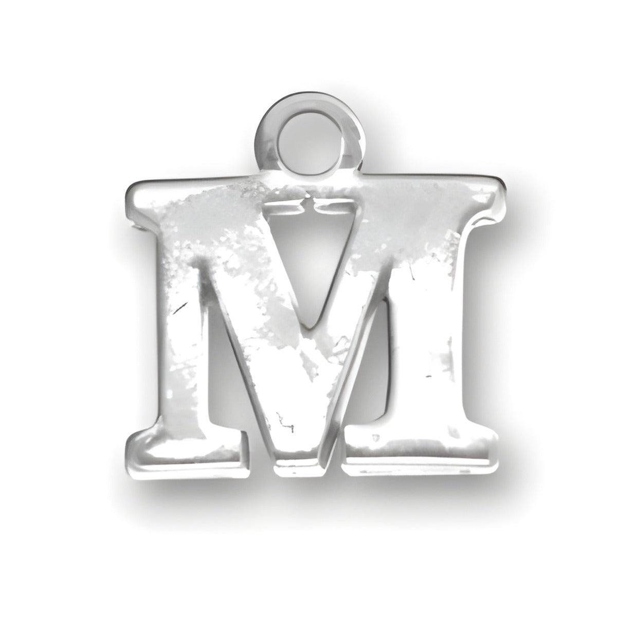 Sterling silver charm featuring the letter 'M' in a bold, block style with a polished finish.
