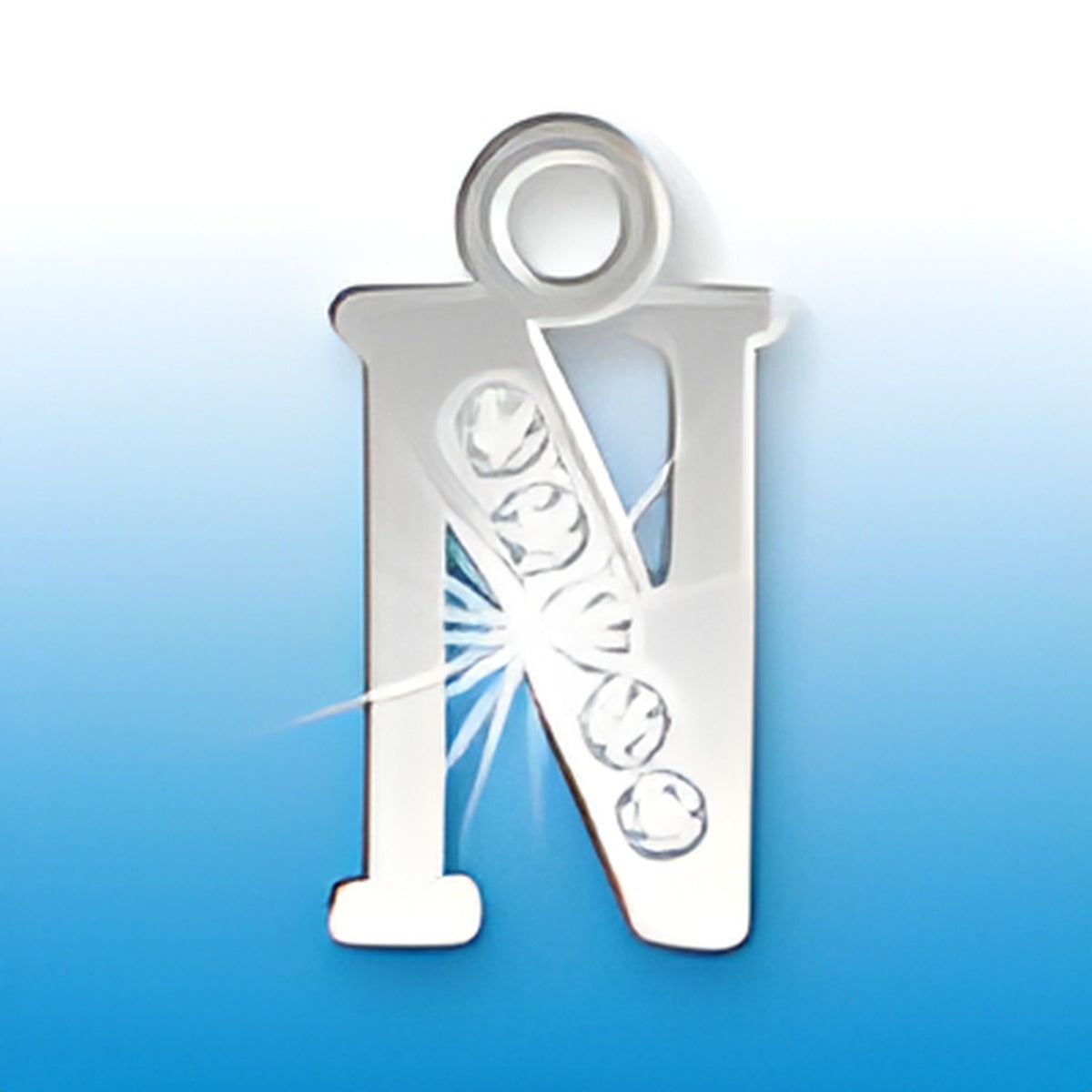 Letter N initial charm with crystals, made of sterling silver, showcasing a shiny design with decorative stones.