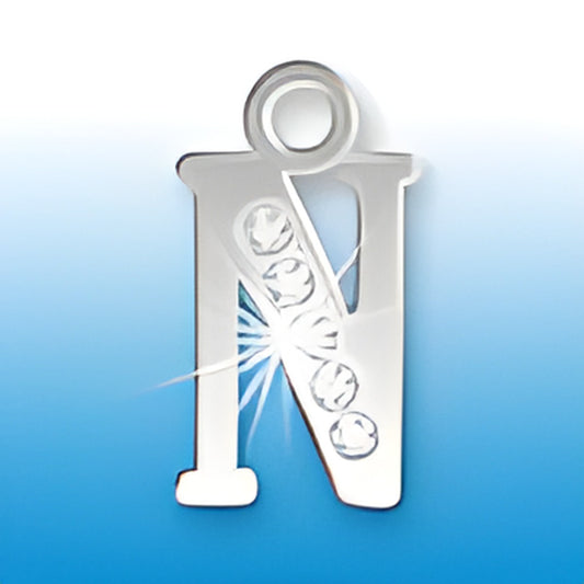 Letter N initial charm with crystals, made of sterling silver, showcasing a shiny design with decorative stones.