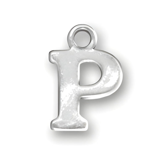 Sterling silver charm in the shape of the letter P, featuring a polished finish and a small loop for attachment.