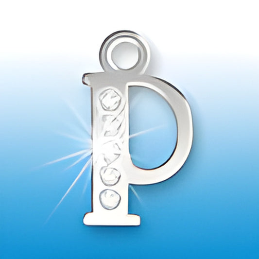 Letter P initial charm featuring crystals, made of sterling silver, designed by Charm Factory.