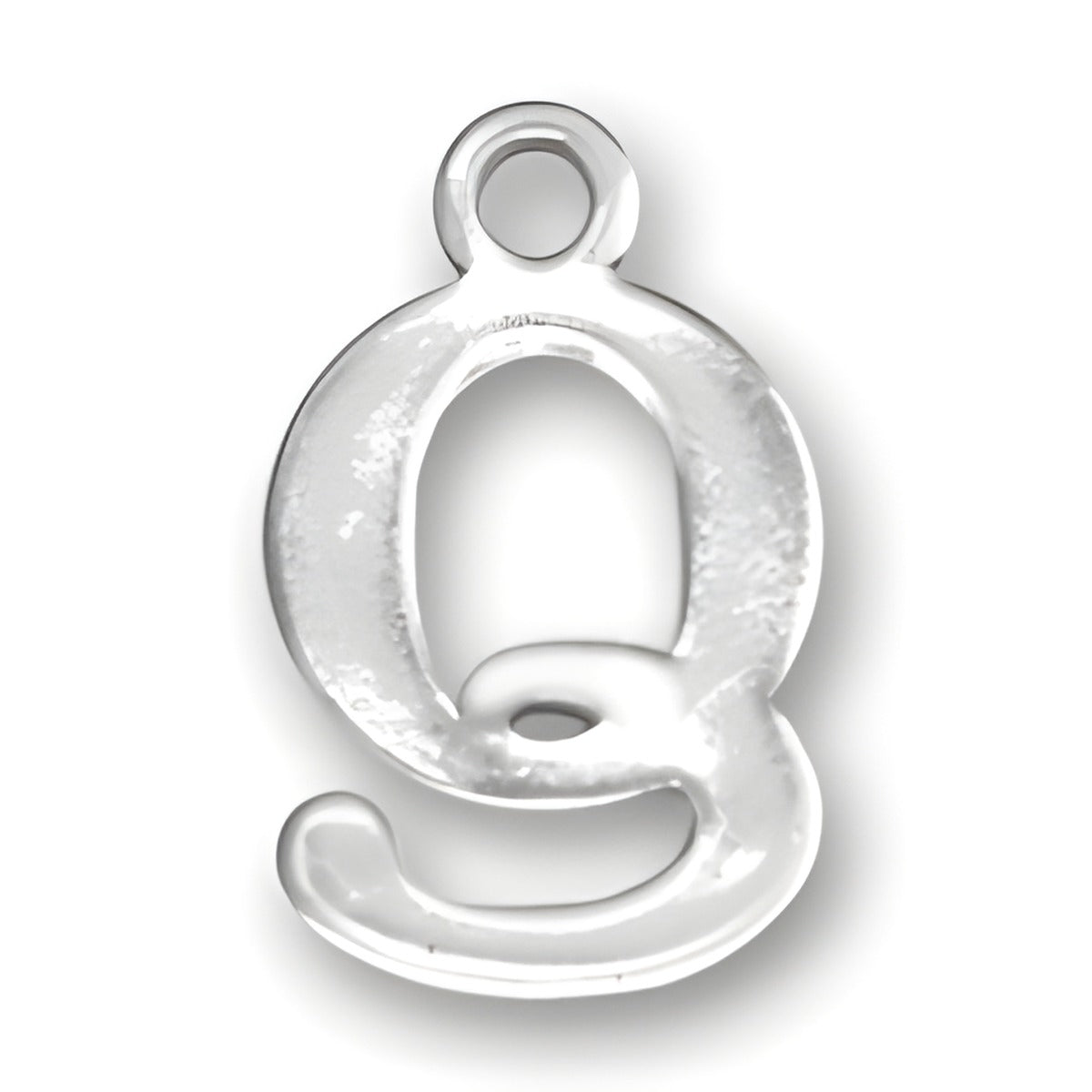 Sterling silver charm in the shape of the letter Q, featuring a smooth, polished finish and a loop for attachment.
