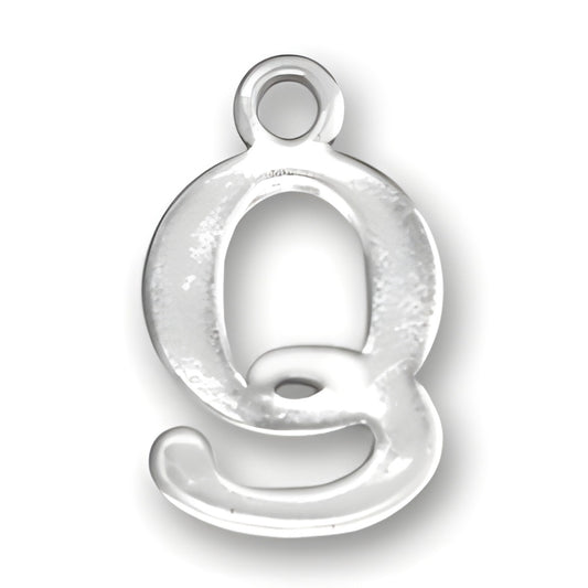 Sterling silver charm in the shape of the letter Q, featuring a smooth, polished finish and a loop for attachment.