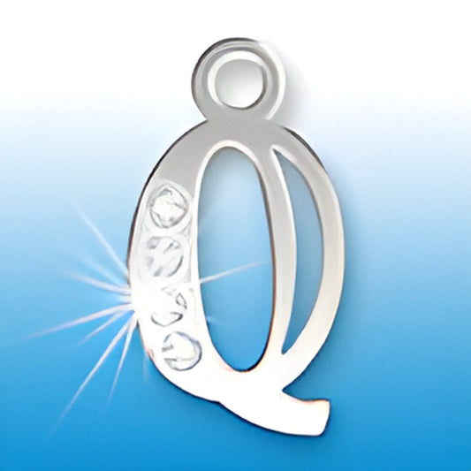 Sterling silver letter Q initial charm adorned with crystals, featuring a polished finish and a loop for attachment.