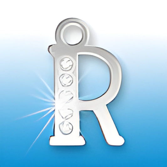 Letter R initial charm with crystals, made of sterling silver, featuring a shiny finish and decorative crystal accents.