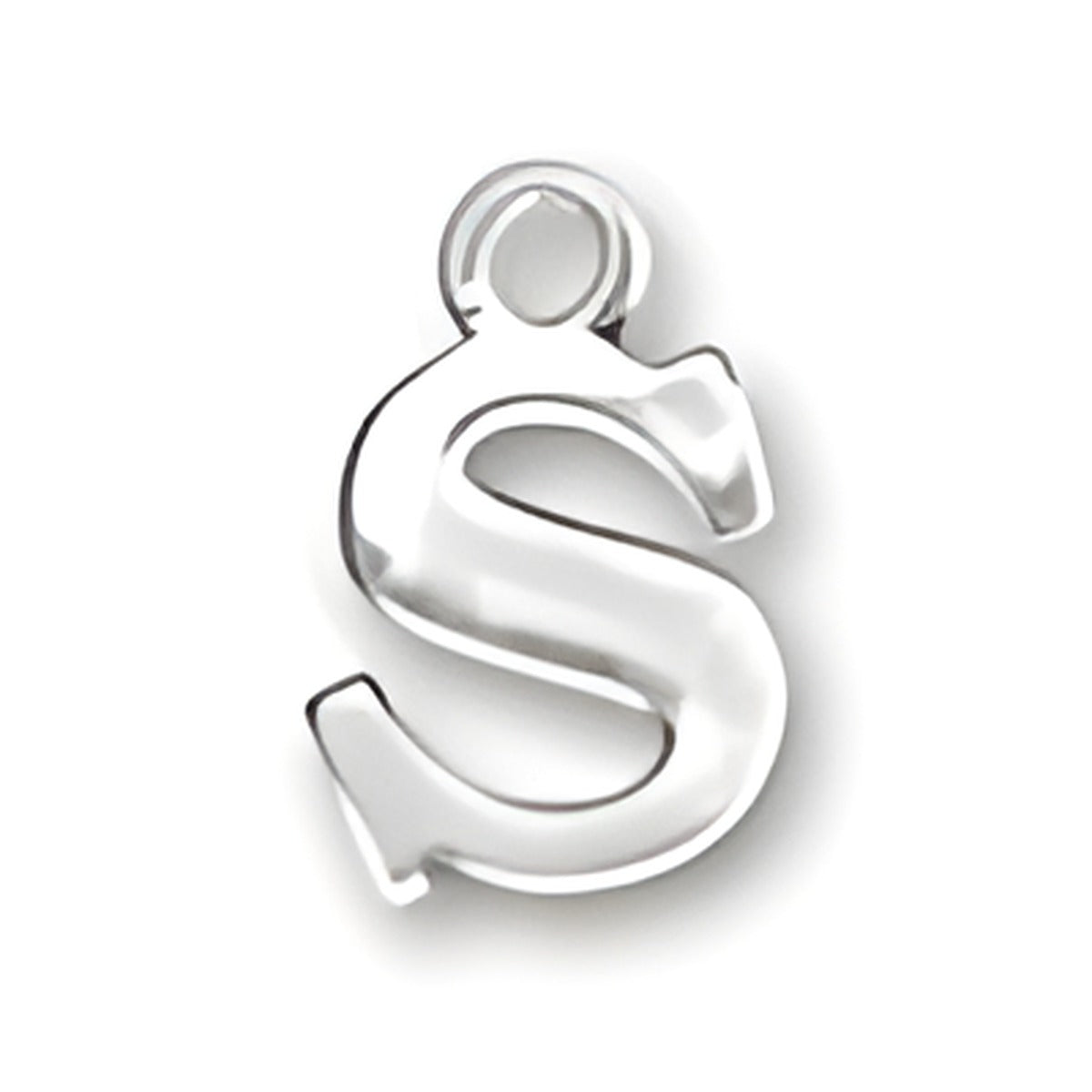 Sterling silver letter S charm, featuring a polished finish and a loop for attachment.