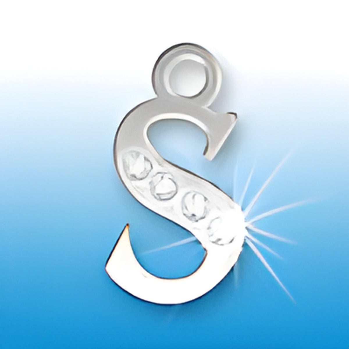Letter S initial charm made of sterling silver, featuring four embedded crystals for added sparkle.