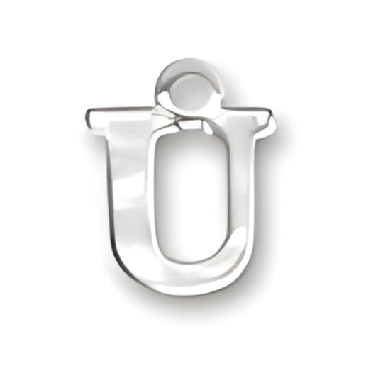 Sterling silver letter U charm from Charm Factory, featuring a polished finish and a loop for attachment.