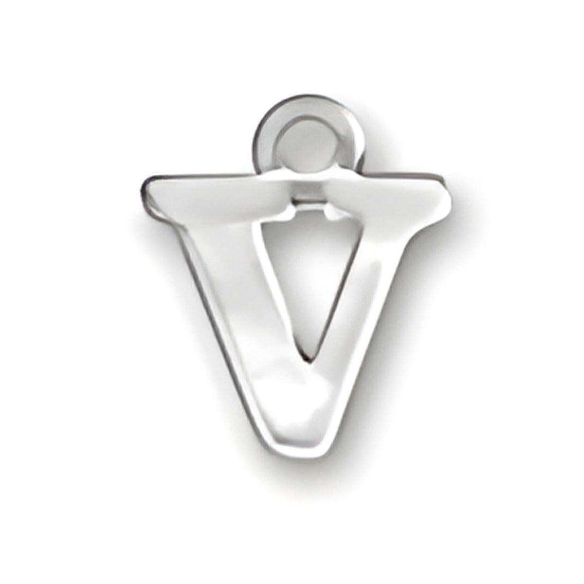 Sterling silver letter V charm with a polished finish, featuring a loop for attachment to jewelry.
