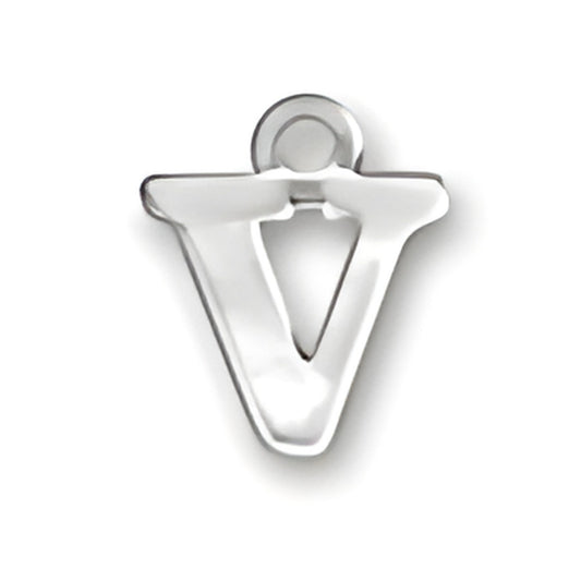 Sterling silver letter V charm with a polished finish, featuring a loop for attachment to jewelry.