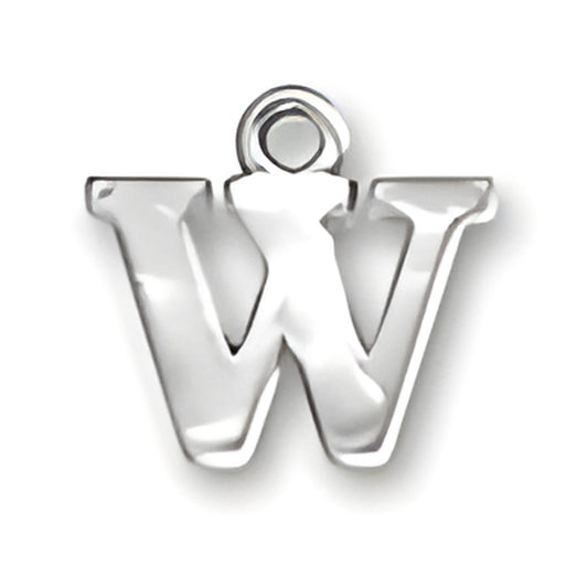 Sterling silver charm in the shape of the letter W, featuring a polished finish and a loop for attachment.