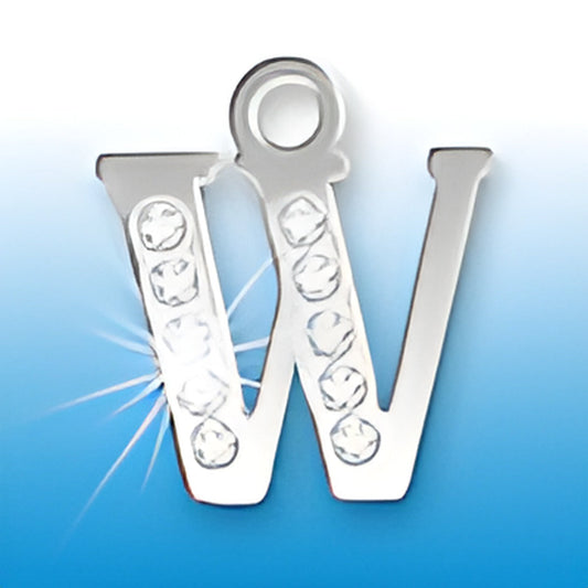 Letter W initial charm with crystals, made of sterling silver, showcasing a shiny design with decorative stones.