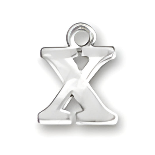 Sterling silver charm in the shape of the letter X, featuring a polished finish and a loop for attachment.
