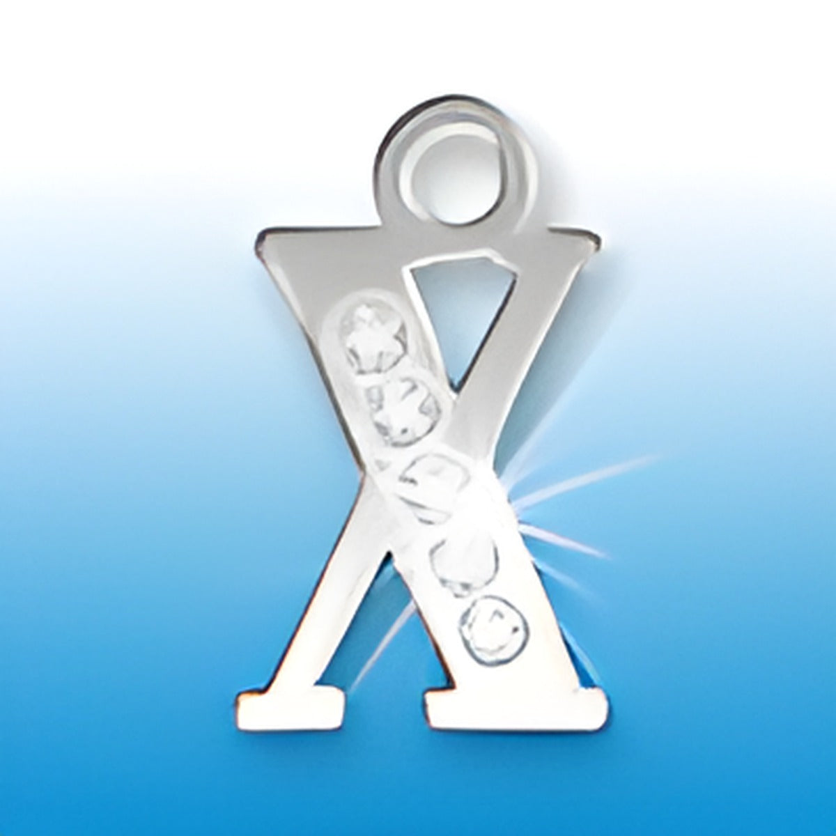 Sterling silver letter X initial charm adorned with crystals, showcasing a polished finish and a loop for attachment.