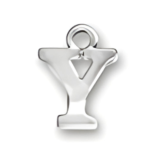 Sterling silver letter Y charm with a polished finish and a loop for attachment.