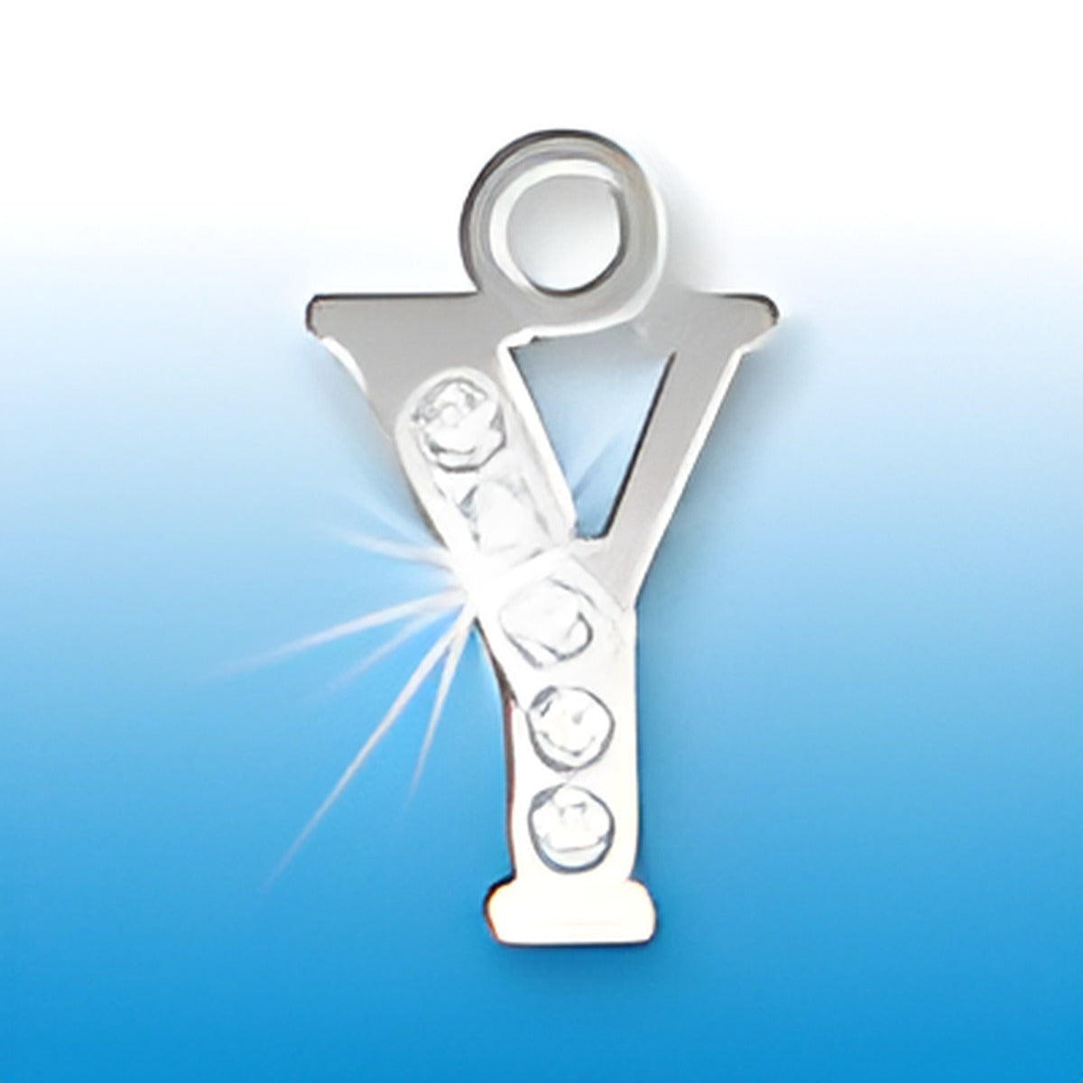 Sterling silver letter Y initial charm adorned with crystals, featuring a polished finish and a loop for attachment.
