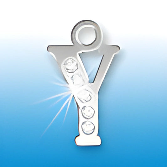 Sterling silver letter Y initial charm adorned with crystals, featuring a polished finish and a loop for attachment.