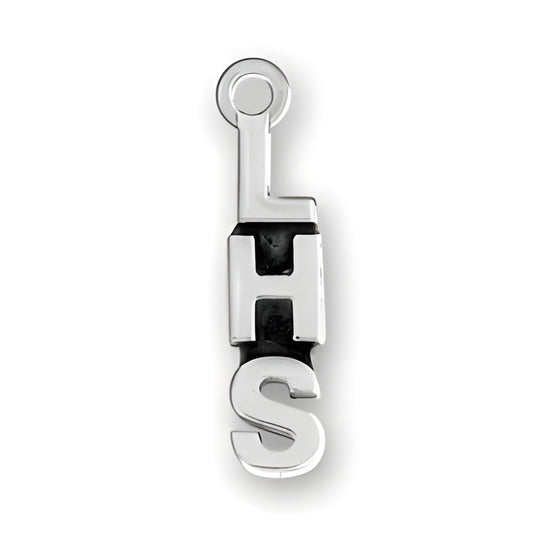 LHS charm in sterling silver, featuring bold letters 'L', 'H', and 'S' connected in a sleek design.