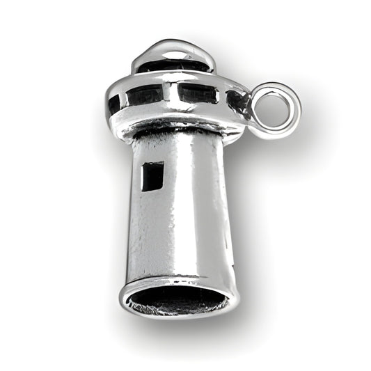 Sterling silver Light House Charm featuring a detailed lighthouse design with a loop for attachment.