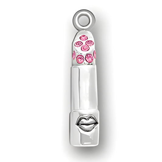 Charm Factory Lipstick charm made of silver with pink crystals, featuring a lip design on the side.