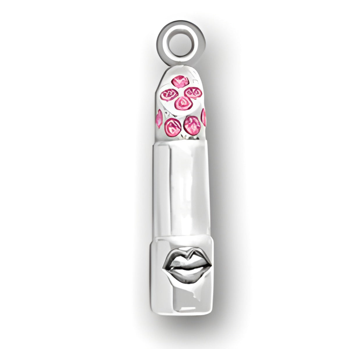 Charm Factory Lipstick charm made of silver with pink crystals, featuring a lip design on the side.