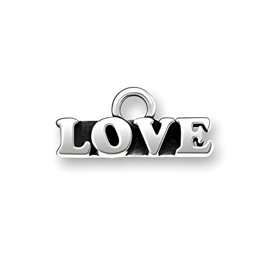 Sterling silver charm featuring the word 'LOVE' in bold letters, designed for charm bracelets or necklaces.