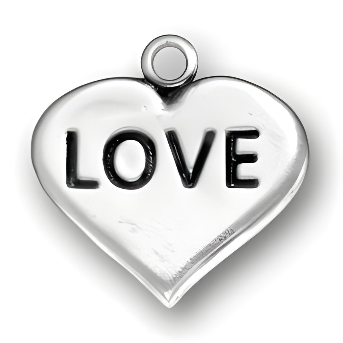 Charm Factory Love Heart Charm made of polished silver, featuring the word 'LOVE' engraved in black.