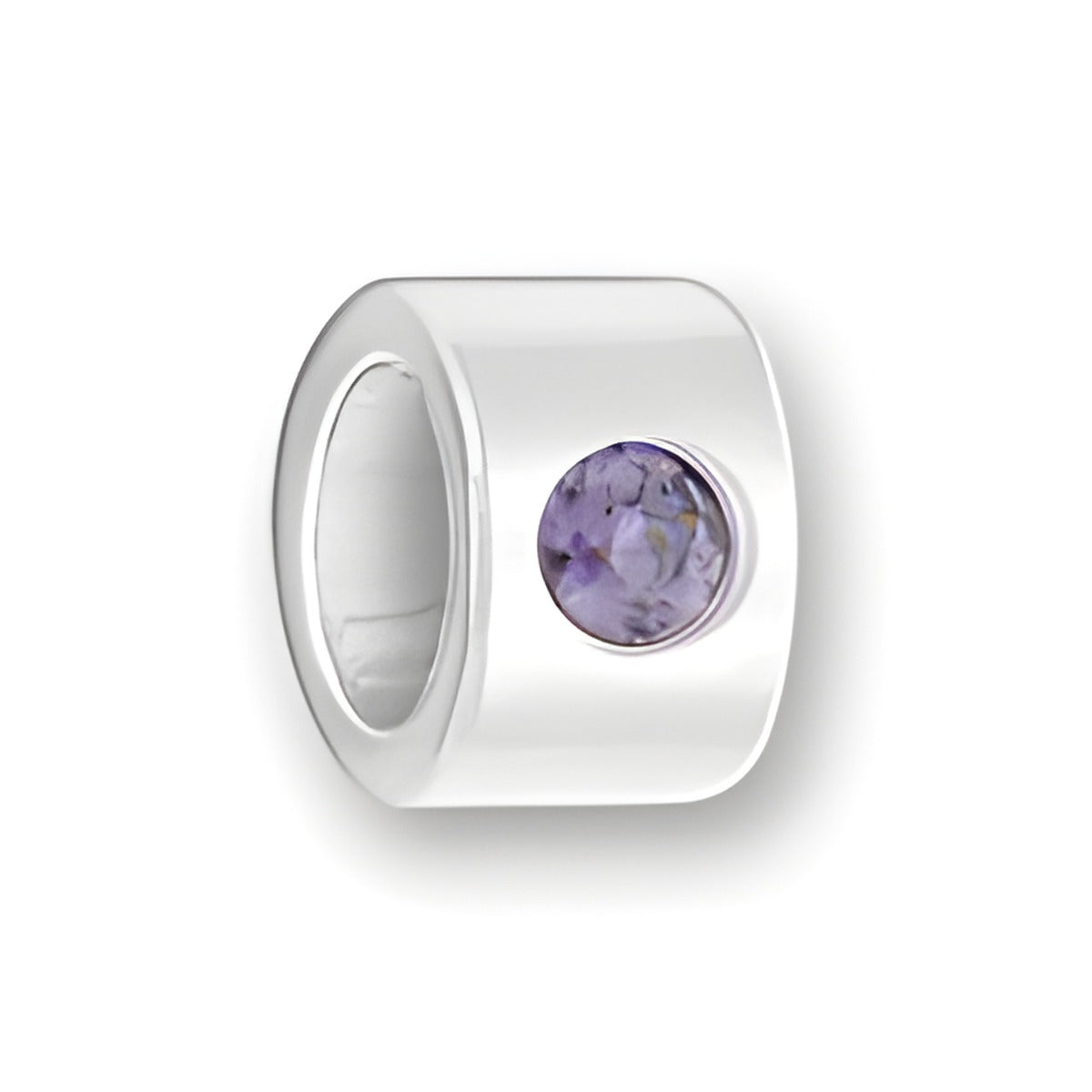 Luv Link Bead in sterling silver featuring a round February Amethyst gemstone set in the side.