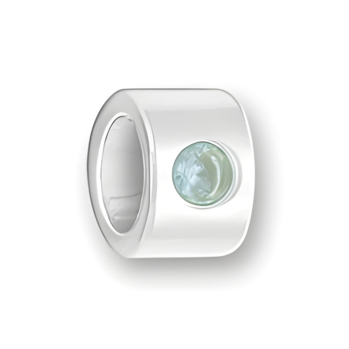 Luv Link Bead in sterling silver featuring a round aquamarine stone, showcasing a smooth, polished surface.