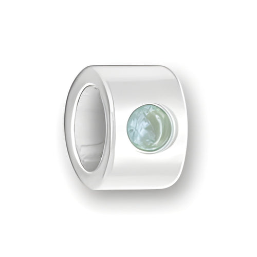 Luv Link Bead in sterling silver featuring a round aquamarine stone, showcasing a smooth, polished surface.