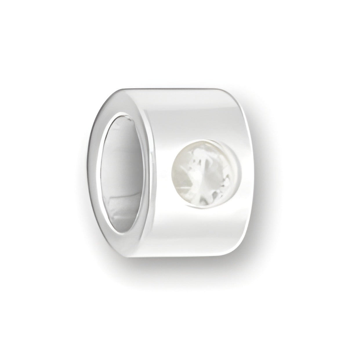 Luv Link Bead in sterling silver featuring a clear April Diamond stone set in a circular opening.