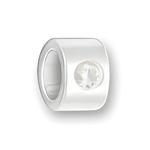 Luv Link Bead in sterling silver featuring a clear April Diamond stone set in a circular opening.